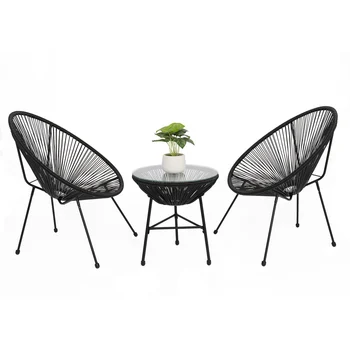 Комплект мебели для бистро в Акапулько из 3 предметов с 2 стульями и стеклянным столом, черный для двора, сада, бассейна, пляжа