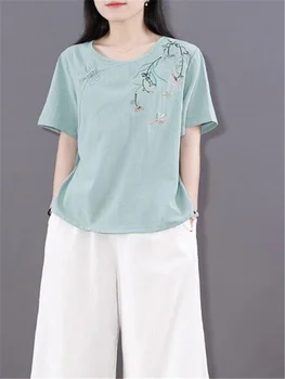 Литературные хлопковые блузки в стиле ретро, Женская рубашка, Свободная рубашка с дисковой пряжкой в китайском стиле, Пуловер с коротким рукавом, Топ, Летняя женская одежда