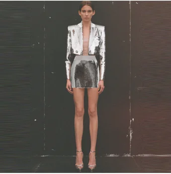 Уличный новейший Модный дизайнерский костюм 2023 года выпуска, женский укороченный Короткий жакет с серебристыми блестками и пайетками, юбка Sui