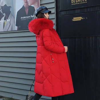 Зимняя Женская пуховая куртка 2021 Года на молнии, Тонкие парки X-long с капюшоном, однотонное повседневное пальто с толстым меховым воротником, Стеганое Женское пальто