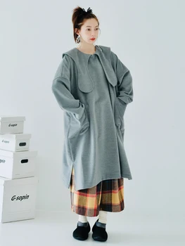 IMAKOKONI оригинальный дизайн, пуловер с длинными рукавами, серое платье с карманами, свободная юбка средней длины, женская 223779