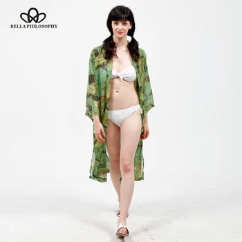 Bella Philosophy весна лето новое оптовое длинное шифоновое пляжное длинное шифоновое кимоно с принтом зеленых листьев, куртка-рубашка