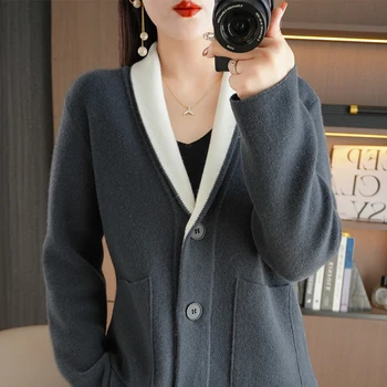 Осенне-Зимний Новый кашемировый свитер, Женский контрастный кардиган с V-образным вырезом, одежда из 100% шерсти мериноса, Модная корейская рубашка-жакет