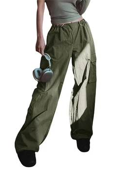 Женские брюки-карго свободного кроя с завязками на талии и прямыми штанинами - Повседневные эластичные брюки для уличной одежды однотонного цвета