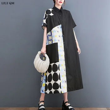 2023 Летнее Новое Женское Длинное Платье Vestidos Robe Elbise Хлопок Свободный Плюс Размер Винтажное Платье-рубашка с коротким рукавом и принтом