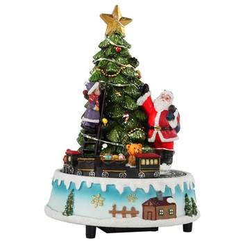 Изготовленная на заказ Музыкальная вращающаяся рождественская елка со светодиодной подсветкой, сцена Санта Клауса, Анимированная Рождественская музыкальная шкатулка с ребенком и поездом