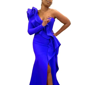 Африканское Длинное платье, Женские Лоскутные халаты с рюшами на одно плечо, Летние Новые Модные Однотонные Элегантные Пикантные вечерние Африканские платья Vestidos