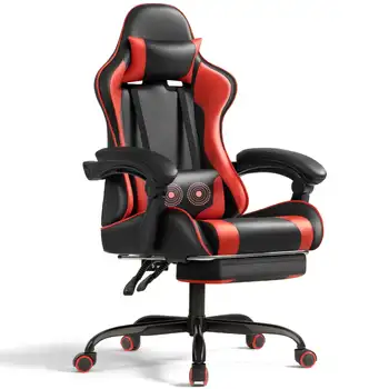 Игровое кресло из искусственной кожи Lacoo, Массажное Эргономичное кресло для геймеров, регулируемое по высоте Компьютерное кресло с подставкой для ног и поясничной поддержкой, красный
