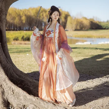 Эстетическая оригинальная женская юбка Hanfu Khov, рубашка с большим рукавом, вышивка, Система Tang длиной до груди, Весенний стиль