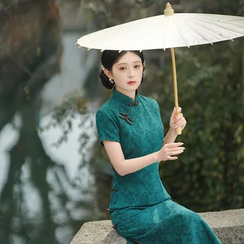 Yourqipao 2023 Летнее Нежное Элегантное Зеленое Вечернее Платье Ципао в Китайском Стиле с Цветочным Рисунком, Улучшенное, с Короткими рукавами, для Женщин