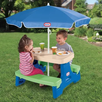 Little Tikes Easy Store Jr. Столик для пикника с зонтиком, синий и зеленый - Игровой столик с зонтиком, для детей
