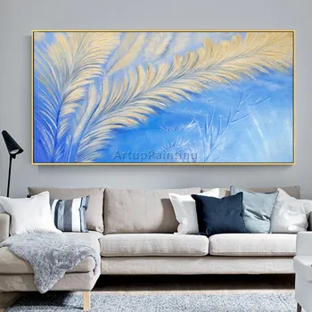 Современная абстрактная живопись из перьев, акриловая синяя картина на холсте, Абстрактное искусство, настенные картины для гостиной, домашний декор, куадрос