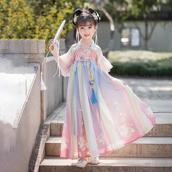 Розовое платье с вышивкой Hanfu для девочек, китайский наряд, Сценические костюмы для древних народных танцев, Восточная Детская Одежда для Косплея Сказочной принцессы