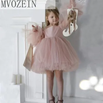 Короткое розовое платье с пышными рукавами в цветочек для девочек на свадьбу 2023, день рождения малыша, пышное бальное платье, платья для первого причастия с бантом