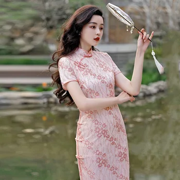 Элегантная Цветочная вышивка, Короткий рукав, Чонсам, Традиционный воротник-стойка, Шифоновое женское платье Ципао в стиле ретро в китайском стиле