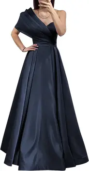 Женские атласные платья для выпускного вечера на одно плечо, Длинное Элегантное бальное платье трапециевидной формы с карманами, свадебное вечернее платье