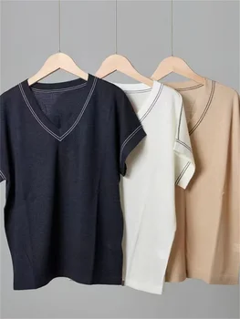 Женская футболка контрастного цвета с V-образным вырезом, Короткий рукав, Свободные повседневные простые женские универсальные футболки, топы, летняя новинка 2023