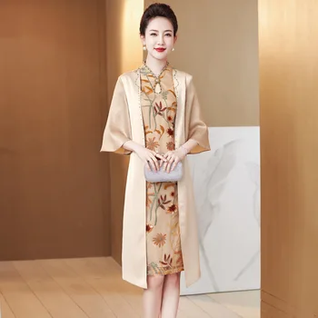 Yourqipao, Китайское платье с золотой вышивкой цвета шампанского, Поддельные платья для матери невесты, из двух частей, Вечерние платья для свадебной вечеринки