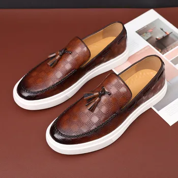 Мужская повседневная обувь, Дышащие кожаные Лоферы, Деловая Офисная обувь Для мужчин, Мокасины для вождения, Удобная обувь без застежки с кисточками