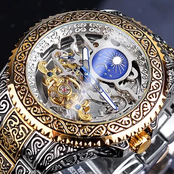 Мужские часы Forsining Tourbillon с механическим скелетом, мужские часы, лучший бренд Класса Люкс, винтажный стальной ремешок с гравировкой Фазы Луны