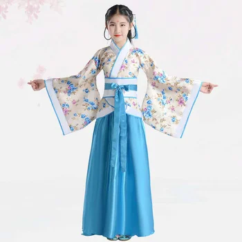 Традиционная китайская юбка с вышивкой для девочек + Топ-Кимоно, Синий, Лавандово-Красный, Китайский детский Hanfu, Элегантное детское платье Hanfu