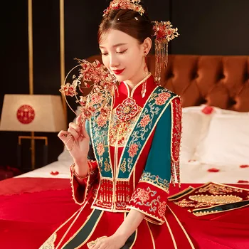 Свадебное платье в китайском стиле, ретро-одежда для Тостов, Цветочная вышивка Бисером, Cheongsam, Винтажное Свадебное Ципао