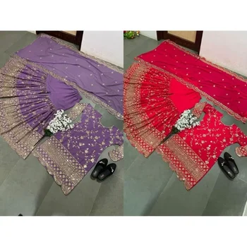 Костюм Индийский Свадебный Пакистанский Фиолетовый Камиз с длинным рукавом, Жоржет с вышивкой, полностью сшитый
