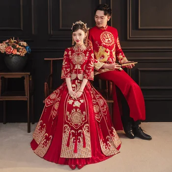 Цветок Феникс Вышивка Стразами Летнее свадебное платье Невесты Ципао в Традиционном китайском стиле, Свадебный халат Чонсам