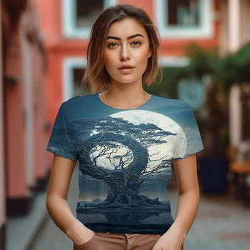 Летняя Женская модная футболка с круглым вырезом, Новая футболка с 3D рисунком Луны, Уличная футболка для Отдыха, Супер Женская футболка