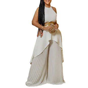 Летние Элегантные африканские женские комплекты из полиэстера без рукавов, Белый, красный, Черный, синий, 2 предмета, топ, плиссированные брюки, комплекты африканской одежды