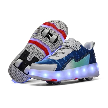 2023 USB Зарядка, Светящаяся детская обувь на 4 колесах со светодиодной подсветкой, Кроссовки для детей, Роликовые коньки на каблуках для мальчиков и девочек, Спортивные уличные ботинки