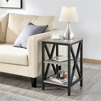 Промышленный 3-ярусный торцевой столик из дерева и металла, деревенский серый приставной столик для дивана в спальне и гостиной