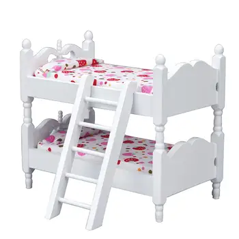 Набор моделей деревянной мини-двуспальной двухъярусной кровати 1: 12, Кукольный домик, Миниатюрная мебель, Аксессуары для украшения микросцен в детской комнате