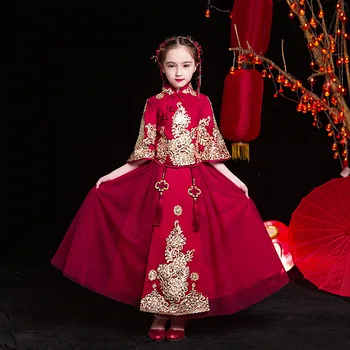 Зимнее Красное Модифицированное Новогоднее платье Чонсам для девочек, Детский костюм В китайском стиле эпохи Тан, Костюм Хань Для маленьких Девочек, Китайская Одежда