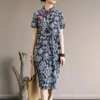 Женское платье Чонсам, национальное китайское хлопковое льняное платье Ципао, Традиционный цветочный принт, Винтажный костюм для народных танцев Ципао