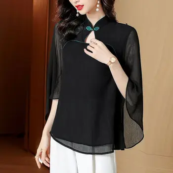 2023, женский шифоновый блузка с воротником в китайском стиле, элегантный повседневный топ с вырезами на каждый день, улучшенный черный топ ципао