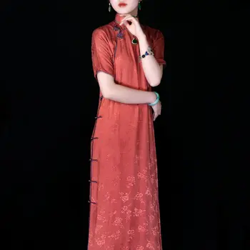 Китайское традиционное платье Чонсам для женщин, Красное Свободное платье Ципао с короткими рукавами и ручными пуговицами, Винтажные вечерние платья для банкета