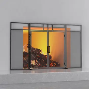 Складной каминный экран с дверцами на магнитных петлях, массивными панелями из кованого железа для защиты от искр при пожаре