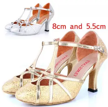 Женская обувь цвета серебристого Золота с закрытым носком на каблуке 5 см 8 см, Обувь для Латиноамериканских танцев, обувь для бальных танцев Танго на высоком каблуке