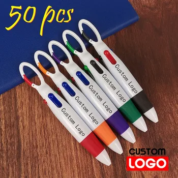 50 шт. Пластиковая телескопическая шариковая ручка 4-х цветов, ручка с карабином и пряжкой, Гравируемый логотип на заказ, название для бизнес-рекламы, ручка