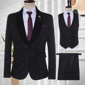 2023 Новый мужской костюм-тройка из черного бархата с цветочным узором, приталенный бутик, деловой модный комплект одежды (куртка, жилет, брюки)