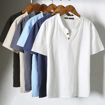 Мужская одежда из тонкого льна, модная футболка в стиле ретро с короткими рукавами из хлопка и льна