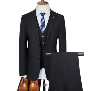 (Куртка + жилет + Брюки) Классический однотонный костюм, высококачественный Однобортный костюм из 3 предметов, Деловой Светский свадебный мужской костюм