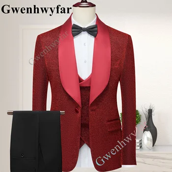 Gwenhwyfar Бордовая блестящая ткань (куртка + жилет + брюки), костюмы для мужчин, повседневный деловой костюм, высококлассный социальный официальный костюм, комплект из 3 предметов