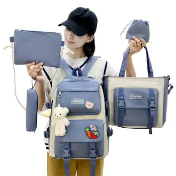 Школьный рюкзак для девочек, 5 шт./компл., комбинированный рюкзак для подростков, включая рюкзак, мешочек для карандашей, маленькую сумку для хранения, сумочку, Маленький
