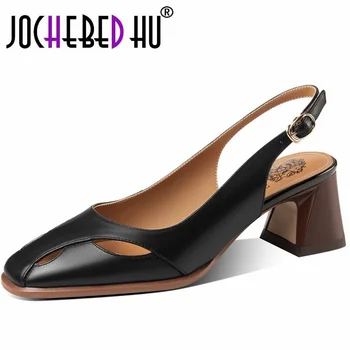 【JOCHEBED HU】 Туфли на высоком каблуке из натуральной кожи, чистый Цвет, Открытая пятка, Летние Модные женские босоножки на каблуке 33-43