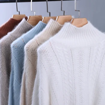 Осенне-зимний новый женский вязаный пуловер с полувысоким вырезом из 100% чистого норкового бархата, полый однотонный кашемировый свитер