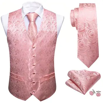Роскошный Жилет для мужчин, Шелковый Розовый цветок, приталенный жилет, галстук-платок, Набор Запонок, Свадебная деловая куртка без рукавов Barry Wang