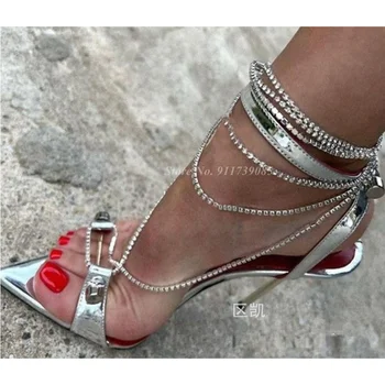 Женские босоножки с металлическими цепочками и серебристым острым носком На высоком каблуке-шпильке, женская Сексуальная дизайнерская обувь для подиума, большой Размер46