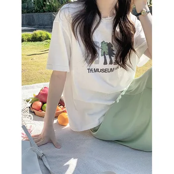 Женская футболка из хлопка с круглым вырезом и мультяшным принтом, футболка с коротким рукавом, Летняя универсальная корейская мода, Свободный топ в стиле Граффити Для Девочек